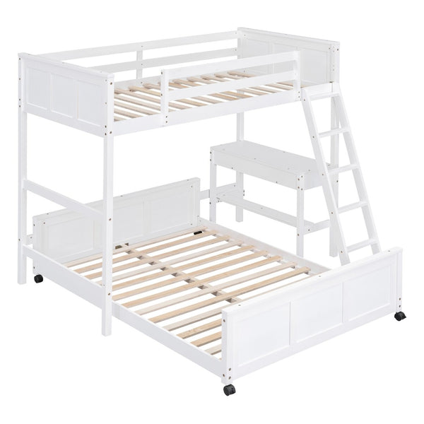 English Elm Twin Over Full Bunk Bed with Built-in Desk and Storage Drawers for Kids Rooms White LT001005AAK