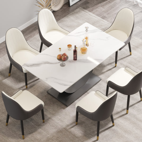 English Elm 63" Modern Crescent Sintered Stone Dining Table with Moon-Shaped Steel Legs, Seats 6-8 Comfortably White W1535S00268