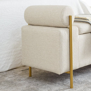 English Elm Elegant Linen Upholstered Storage Bench with Rolled Arms and Gold Iron Legs Beige W487128011