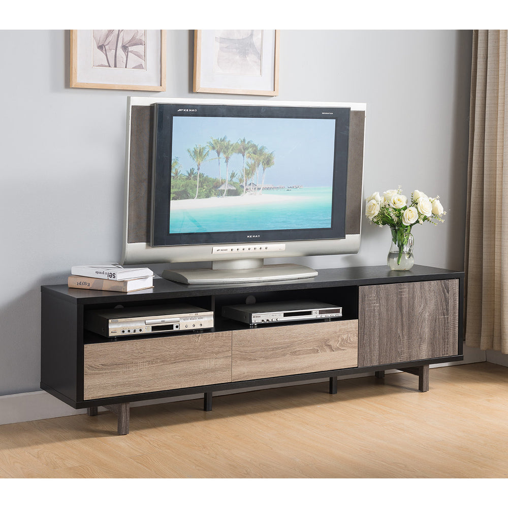 English Elm TV Multi-Color Media Stand 72" Distressed Grey Dark Taupe Black Finish Two Drawers Shelves Cabinet B107P269946
