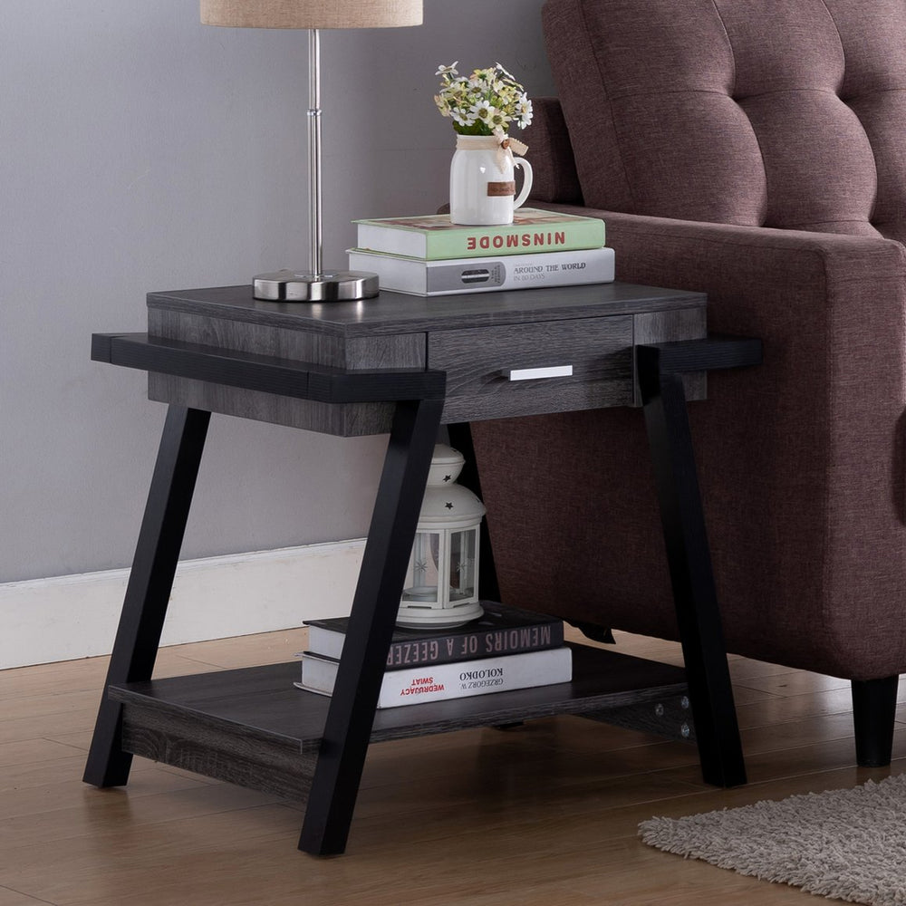 English Elm Home End Table Distressed Grey & Black — Storage Side Table with Drawer, Lower Shelf for Living Room B107131303