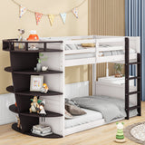 Hearth and Haven Hester Twin over Twin Boat-Like Shape Bunk Bed with Storage Shelves, Cream and Espresso GX000348AAP