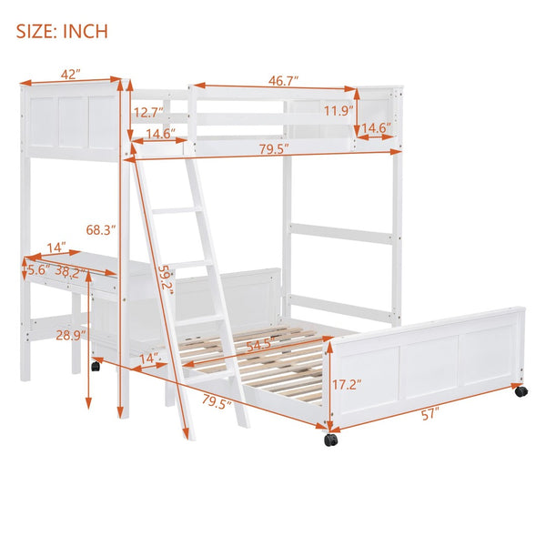 English Elm Twin Over Full Bunk Bed with Built-in Desk and Storage Drawers for Kids Rooms White LT001005AAK