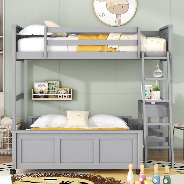 English Elm Twin Over Full Bunk Bed with Built-in Desk and Storage Drawers for Kids Rooms Gray LT001005AAE