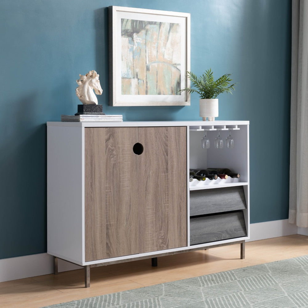 English Elm Bar Cabinet with Wine Bottle and Glass Storage in White Oak for Modern Dining Spaces B107130964