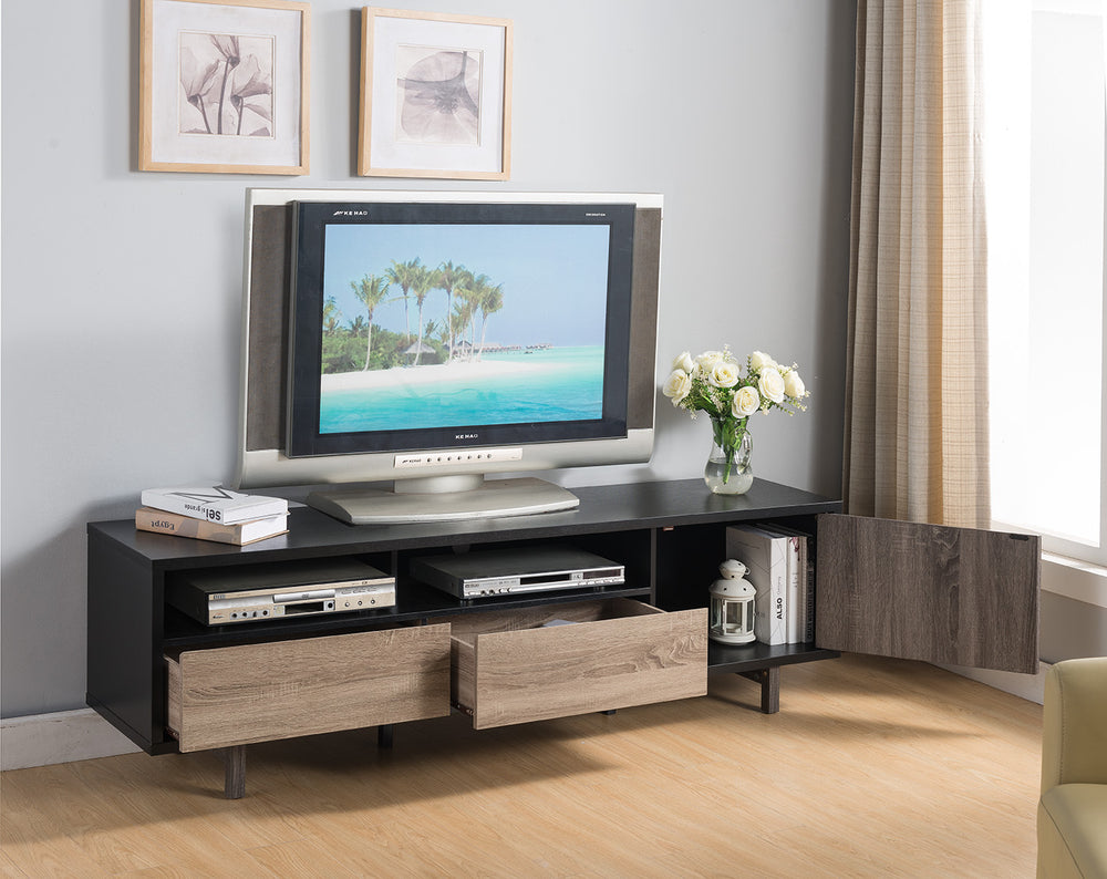 English Elm TV Multi-Color Media Stand 72" Distressed Grey Dark Taupe Black Finish Two Drawers Shelves Cabinet B107P269946