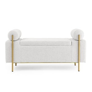 English Elm Elegant Linen Upholstered Storage Bench with Rolled Arms and Gold Iron Legs White W487128010