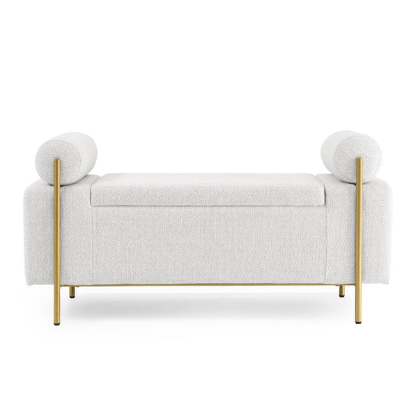 English Elm Elegant Linen Upholstered Storage Bench with Rolled Arms and Gold Iron Legs White W487128010