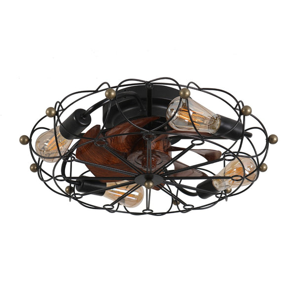 English Elm Low Profile Industrial Cage Ceiling Fan with Remote Seven Blades and Integrated Light W1340120487