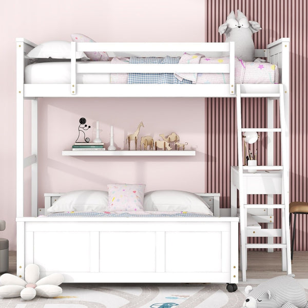 English Elm Twin Over Full Bunk Bed with Built-in Desk and Storage Drawers for Kids Rooms White LT001005AAK