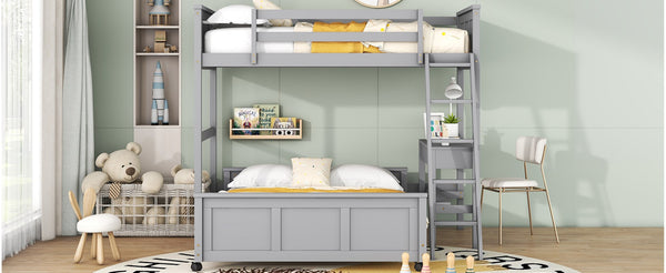 English Elm Twin Over Full Bunk Bed with Built-in Desk and Storage Drawers for Kids Rooms Gray LT001005AAE