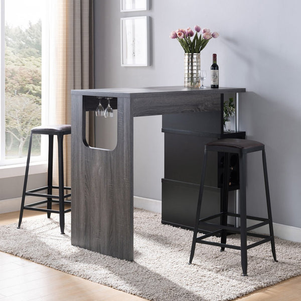 English Elm Home Bar Table Distressed Grey & Black with Wine Glass Rack, 3 Shelves, Spacious Top for Entertaining B107130874
