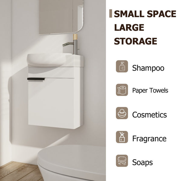 English Elm Soft Close Wall Mounted Bathroom Vanity with Ceramic Vessel Sink and Storage Rack W999S00487