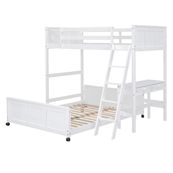 English Elm Twin Over Full Bunk Bed with Built-in Desk and Storage Drawers for Kids Rooms White LT001005AAK