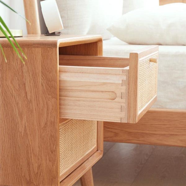 English Elm Pure Solid Red Oak Nightstand with Rattan Drawer and Raised Legs for Bedroom W1283121839