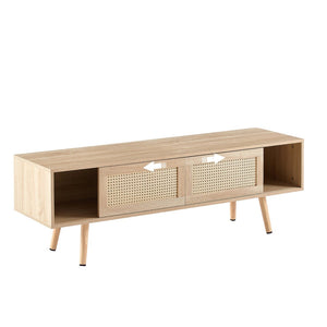 English Elm 55.12" Rattan Sliding Door Tv Console with Solid Wood Legs Natural Bohemian Storage W126573117