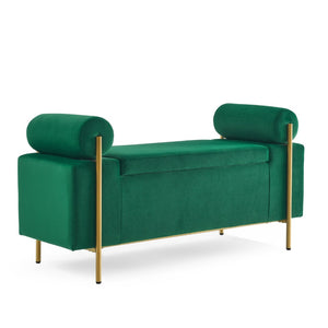 English Elm Elegant Linen Upholstered Storage Bench with Rolled Arms and Gold Iron Legs Green W487128012