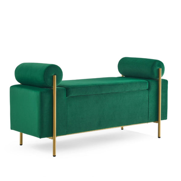 English Elm Elegant Linen Upholstered Storage Bench with Rolled Arms and Gold Iron Legs Green W487128012