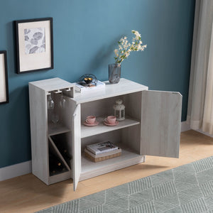 English Elm Bar Cabinet with Wine Bottle and Glass Storage in White Oak for Modern Dining Spaces B107130963
