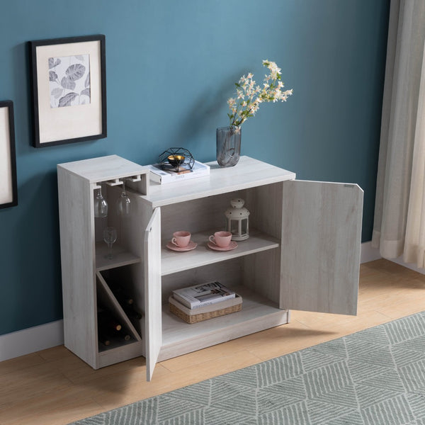English Elm Bar Cabinet with Wine Bottle and Glass Storage in White Oak for Modern Dining Spaces B107130963