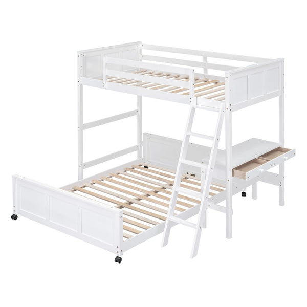 English Elm Twin Over Full Bunk Bed with Built-in Desk and Storage Drawers for Kids Rooms White LT001005AAK