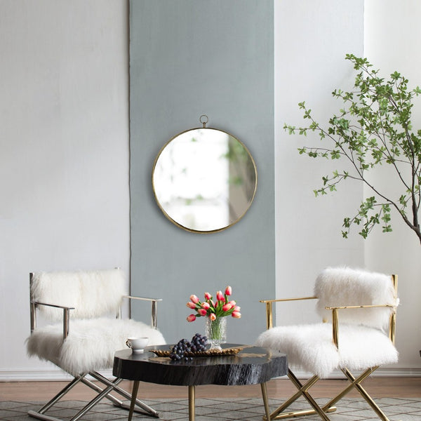 English Elm 24"x28" Gold Iron Round Mirror with Ring Handle for Entryway Bedroom or Vanity Wall W2078126762