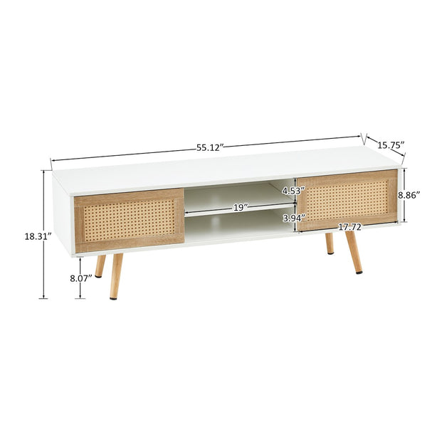 English Elm 55.12" Rattan Sliding Door Tv Console with Solid Wood Legs and Adjustable Shelf W1265115783