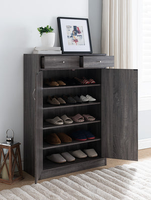 English Elm Shoe Cabinet Distressed Grey with Two Drawers & Doors, 5 Shelves Holds 15 Pairs, Compact Entryway Storage B107130828
