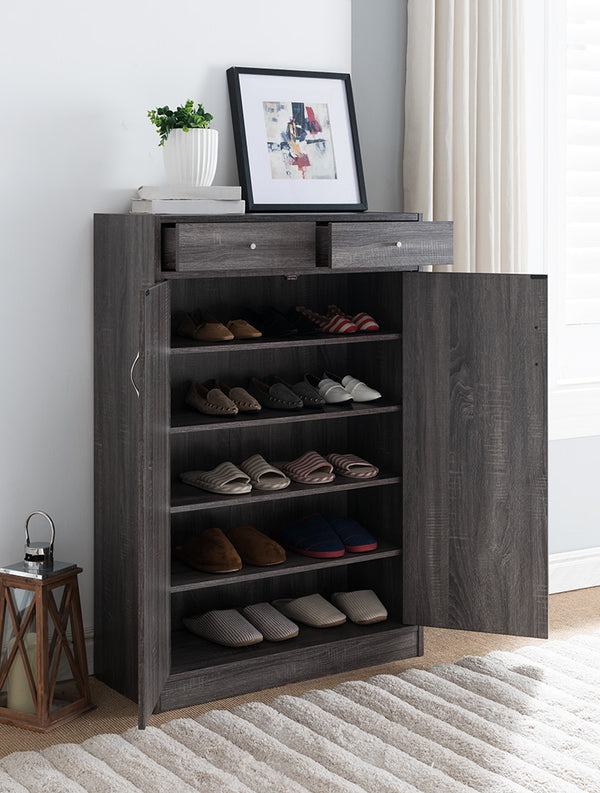 English Elm Shoe Cabinet Distressed Grey with Two Drawers & Doors, 5 Shelves Holds 15 Pairs, Compact Entryway Storage B107130828
