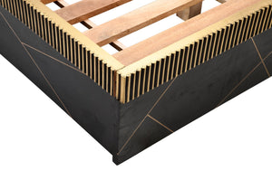 English Elm Modern Queen Bed In Solid Mango Wood With Artisan Brass Accents - Elegant Black Finish, Durable Design B009S01017