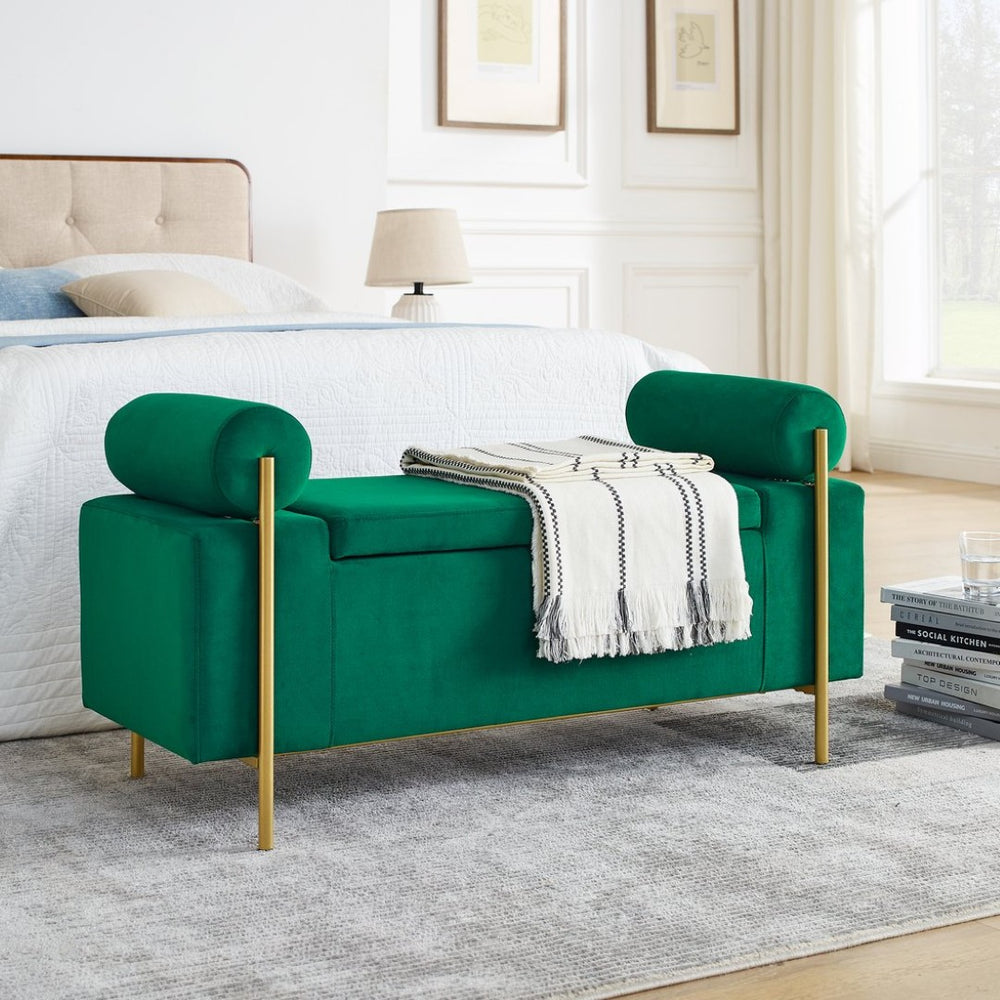English Elm Elegant Linen Upholstered Storage Bench with Rolled Arms and Gold Iron Legs Green W487128012