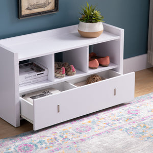 English Elm White Entryway Shoe Bench with Drawer and Three Shelves — Stylish Organizing Seat for Hallway Storage and Quick-Grab Essentials B107131297