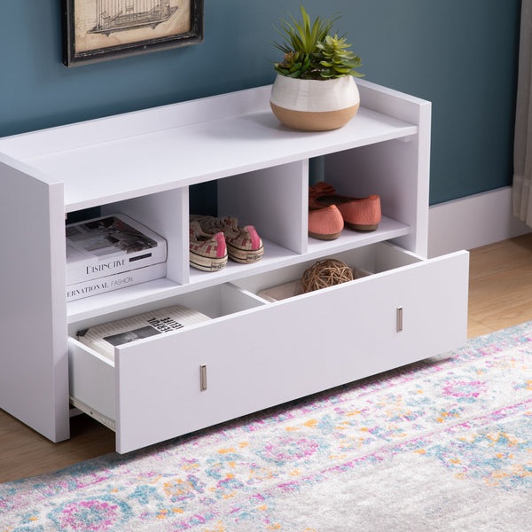 English Elm White Entryway Shoe Bench with Drawer and Three Shelves — Stylish Organizing Seat for Hallway Storage and Quick-Grab Essentials B107131297