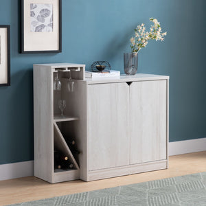 English Elm Bar Cabinet with Wine Bottle and Glass Storage in White Oak for Modern Dining Spaces B107130963