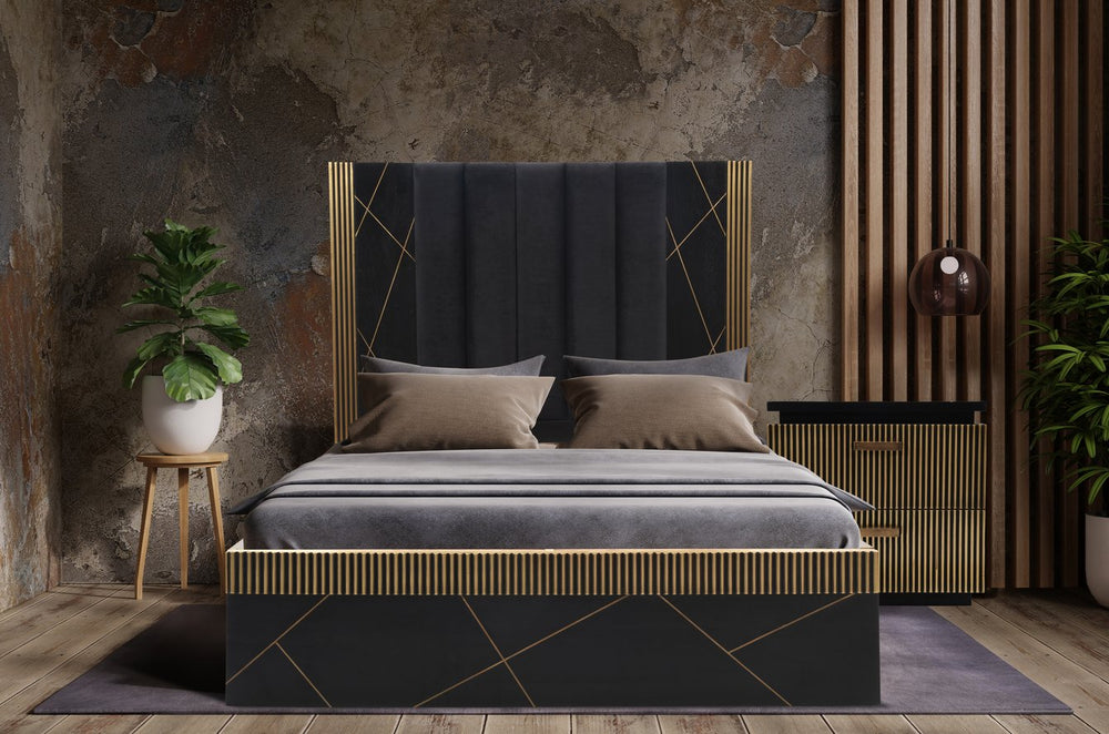 English Elm Modern Queen Bed In Solid Mango Wood With Artisan Brass Accents - Elegant Black Finish, Durable Design B009S01017