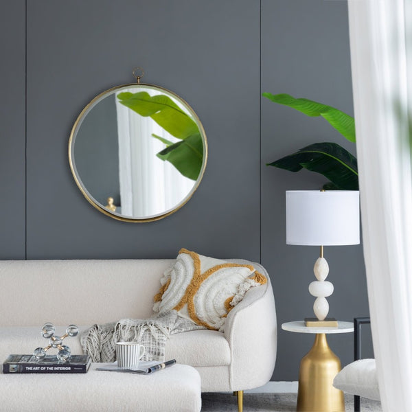 English Elm 30"x34" Gold Iron Round Wall Mirror Sculptural Ring Frame Glam Vanity Bedroom Accent W2078126763