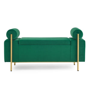 English Elm Elegant Linen Upholstered Storage Bench with Rolled Arms and Gold Iron Legs Green W487128012