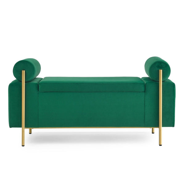 English Elm Elegant Linen Upholstered Storage Bench with Rolled Arms and Gold Iron Legs Green W487128012