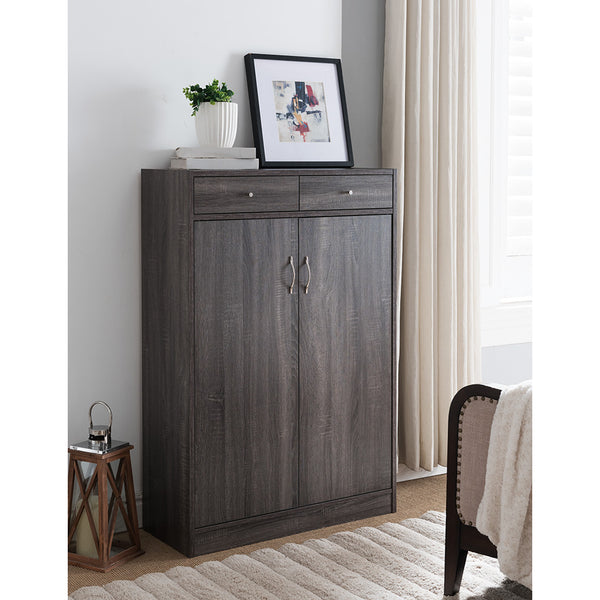 English Elm Shoe Cabinet Distressed Grey with Two Drawers & Doors, 5 Shelves Holds 15 Pairs, Compact Entryway Storage B107130828