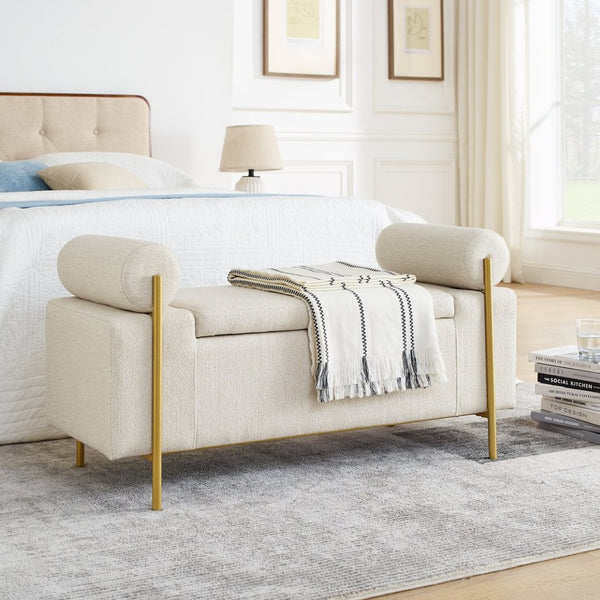 English Elm Elegant Linen Upholstered Storage Bench with Rolled Arms and Gold Iron Legs Beige W487128011