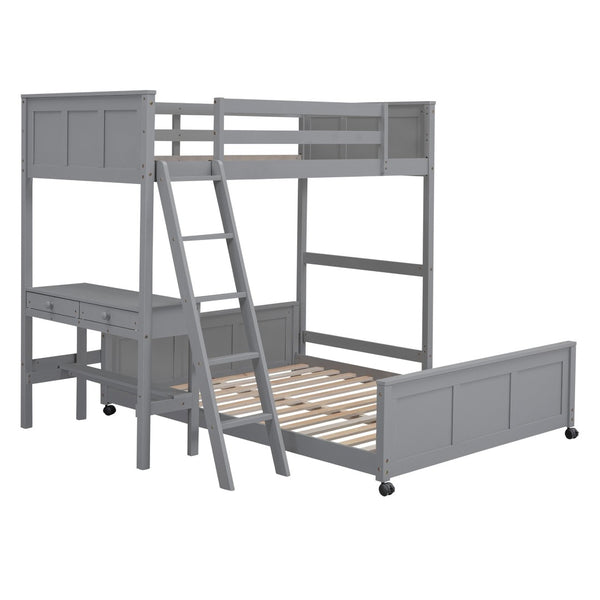 English Elm Twin Over Full Bunk Bed with Built-in Desk and Storage Drawers for Kids Rooms Gray LT001005AAE