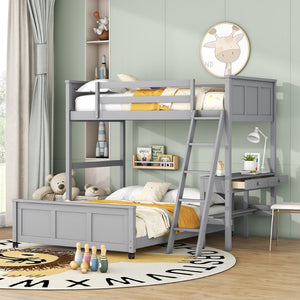 English Elm Twin Over Full Bunk Bed with Built-in Desk and Storage Drawers for Kids Rooms Gray LT001005AAE