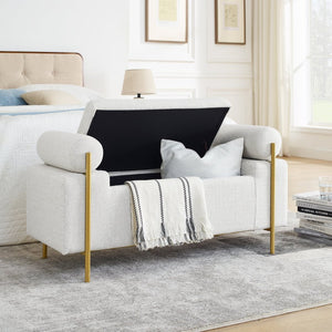 English Elm Elegant Linen Upholstered Storage Bench with Rolled Arms and Gold Iron Legs White W487128010