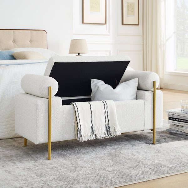 English Elm Elegant Linen Upholstered Storage Bench with Rolled Arms and Gold Iron Legs White W487128010