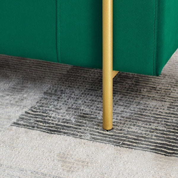 English Elm Elegant Linen Upholstered Storage Bench with Rolled Arms and Gold Iron Legs Green W487128012