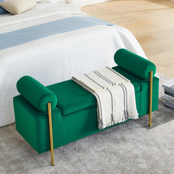 English Elm Elegant Linen Upholstered Storage Bench with Rolled Arms and Gold Iron Legs Green W487128012