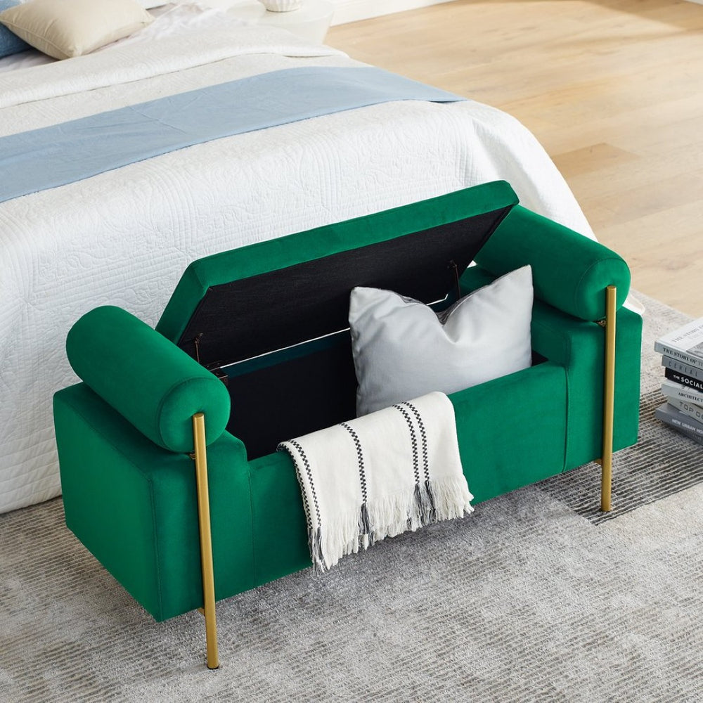 English Elm Elegant Linen Upholstered Storage Bench with Rolled Arms and Gold Iron Legs Green W487128012