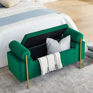 English Elm Elegant Linen Upholstered Storage Bench with Rolled Arms and Gold Iron Legs Green W487128012