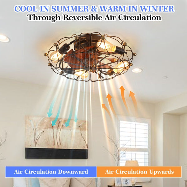 English Elm Low Profile Industrial Cage Ceiling Fan with Remote Seven Blades and Integrated Light W1340120487
