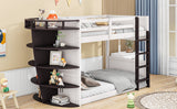 Hearth and Haven Hester Twin over Twin Boat-Like Shape Bunk Bed with Storage Shelves, Cream and Espresso GX000348AAP